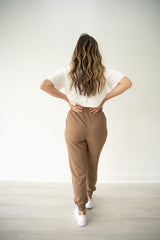 GETAWAY Lightweight drawstring joggers with banded hems and adjustable drawstring elastic waist. 