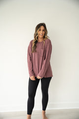 Oversized pocket front tee in Heathered Wine.