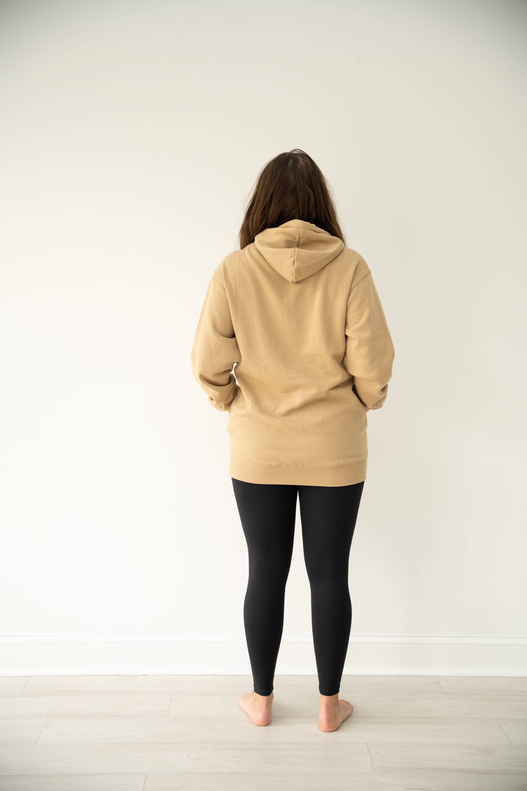 GOLDEN oversized hoodie tunic in Tan with front kangaroo pocket and adjustable hood.