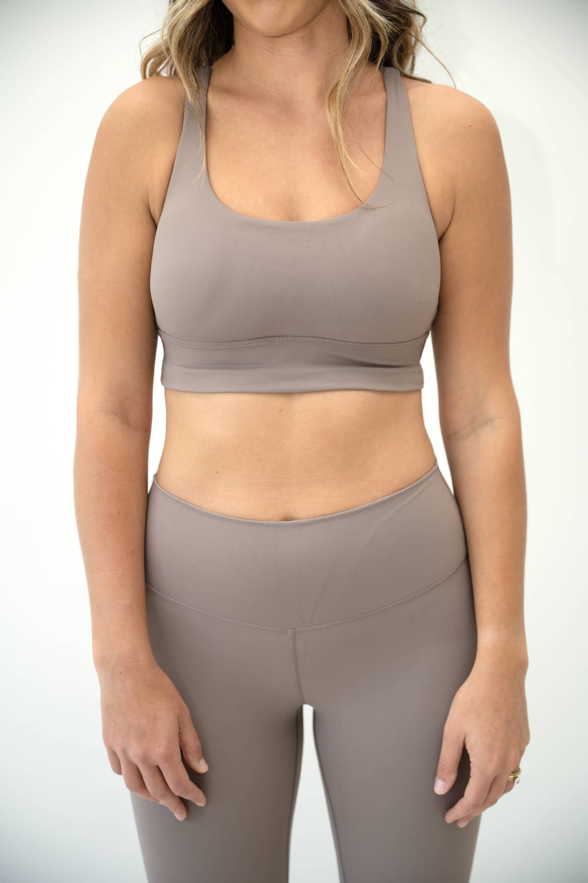 POWER longline sports bra in Taupe with double cross racerback straps.