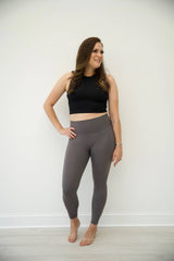 RADIANT Dark Gray seamless waist leggings with buttery soft fabric and pinch-free gusset.
